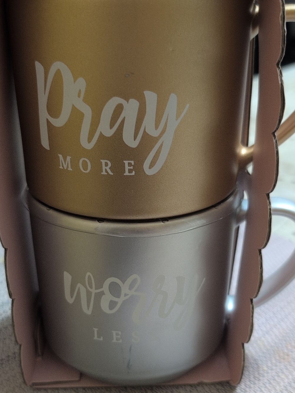 Gold and Silver 'Pray More / Worry Less' Mug Set